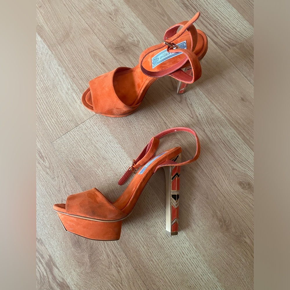 Ivy Kirzhner Orange Suede Platform Sandals with Patterned Block Heel